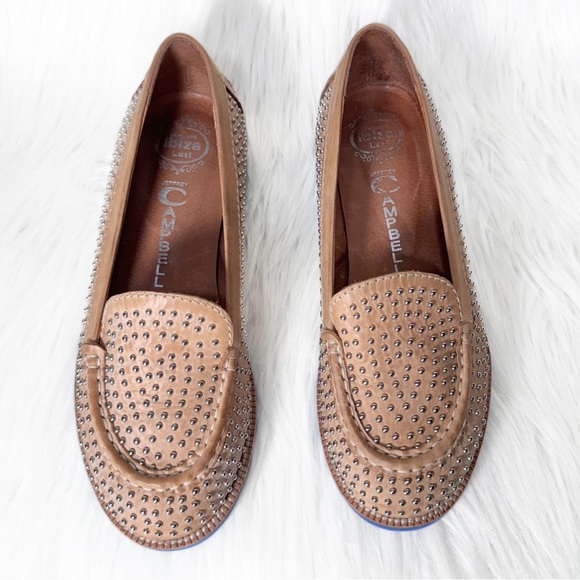 Jeffrey Campbell Tan Leather Silver Studded Blue Sole Slip On Chunky Loafer Flat - Picture 5 of 14